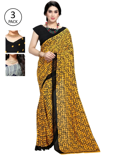 

KALINI Pack of 3 Poly Georgette Sarees, Black