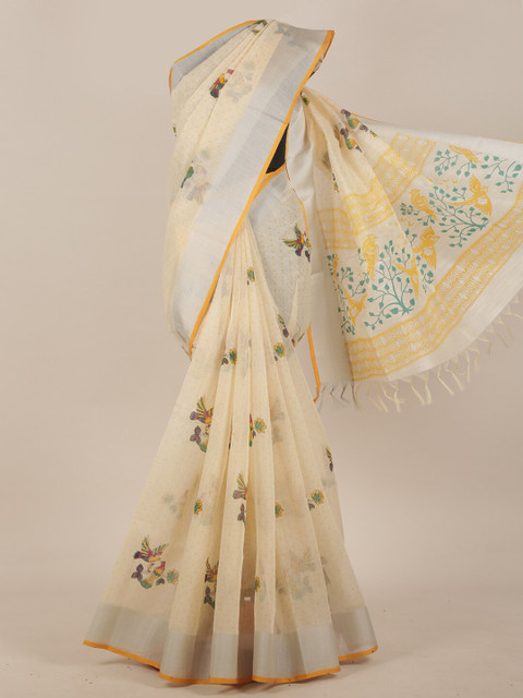 

Pothys Cream & Silver-Toned Floral Cotton Blend Saree