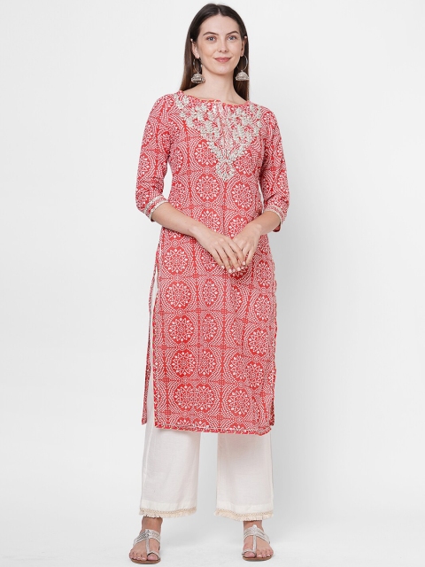 

FASHOR Women Peach Ethnic Print Straight Kurta