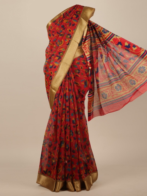 

Pothys Red & Blue Floral Cotton Blend Saree
