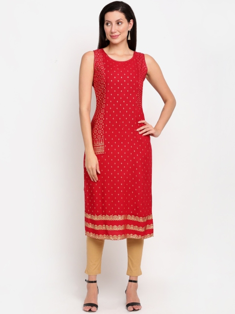 

Lovely Lady Women Red Ethnic Motifs Foil Printed Sleeveless Straight Kurta