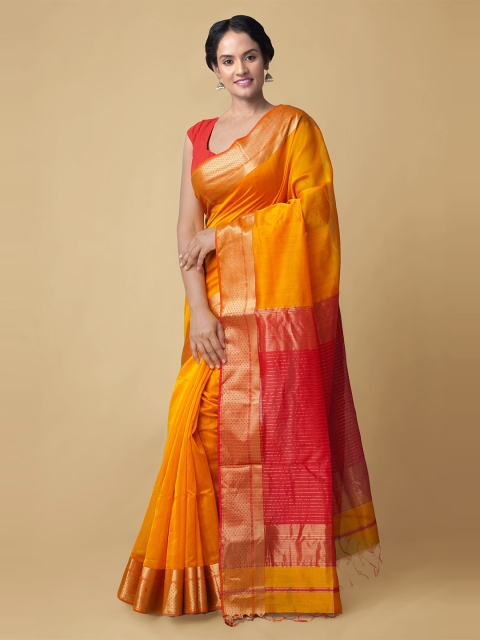 

Unnati Silks Yellow & Red Zari Silk Cotton Handloom Maheshwari Saree