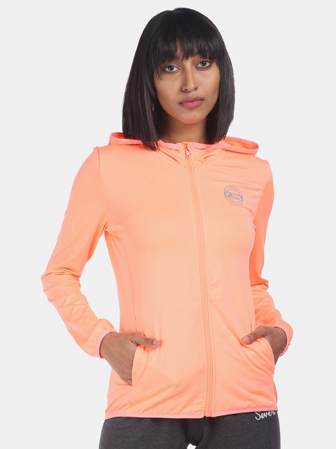 

U S Polo Assn Women Orange Solid Hooded Zip Up Active Sweatshirt