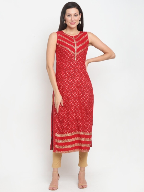 

Lovely Lady Women Red & Gold-Toned Foil Printed Straight Kurta