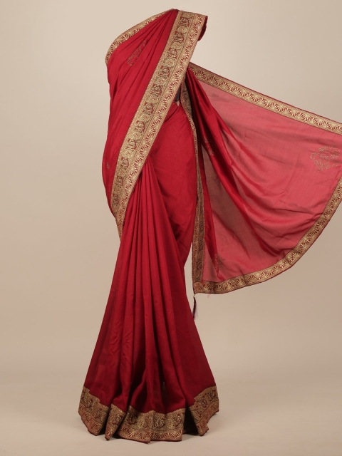 

Pothys Maroon & Gold-Toned Ethnic Motifs Beads and Stones Jute Silk Saree