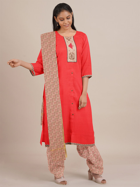 

Pothys Red & Beige Unstitched Dress Material