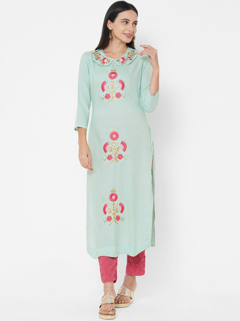 

FASHOR Women Green Embroidered Thread Work Straight Kurta