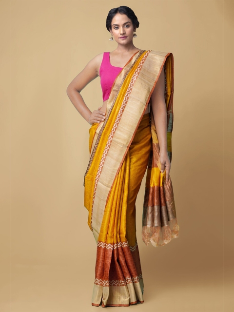 

Unnati Silks Yellow & Beige Zari Pure Silk Handloom Tussar Saree