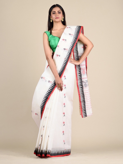 

Mitera White & Red Floral Zari Pure Cotton Jamdani Saree
