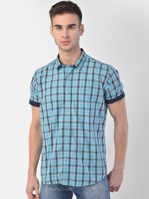 

COBB Men Turquoise Blue Slim Fit Checked Casual Shirt