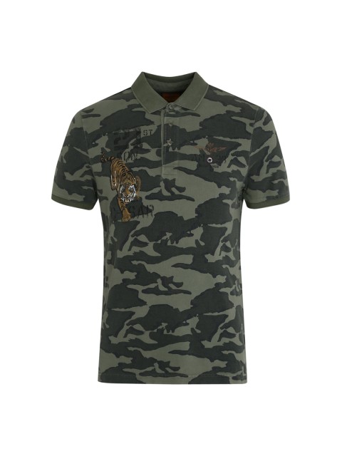 

Aeronautica Militare Men Green Camouflage Printed Polo Collar T-shirt
