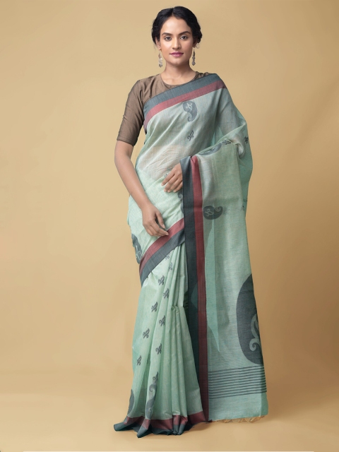 Unnati Silks Turquoise Blue Paisley Silk Cotton Handloom Saree