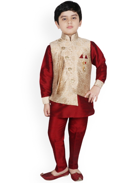 

SG YUVRAJ Boys Gold Layered Raw Silk Kurti with Trousers
