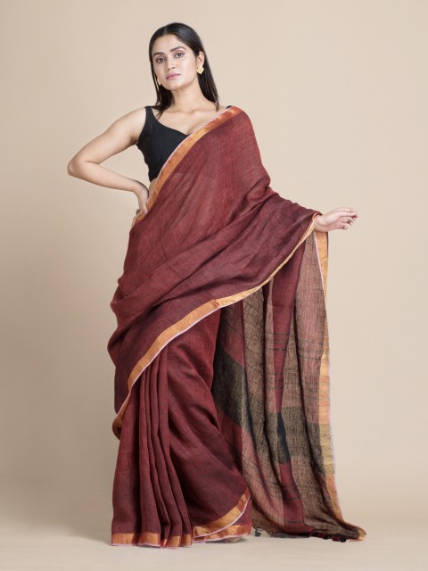 

Mitera Brown & Golden Pure Linen Saree