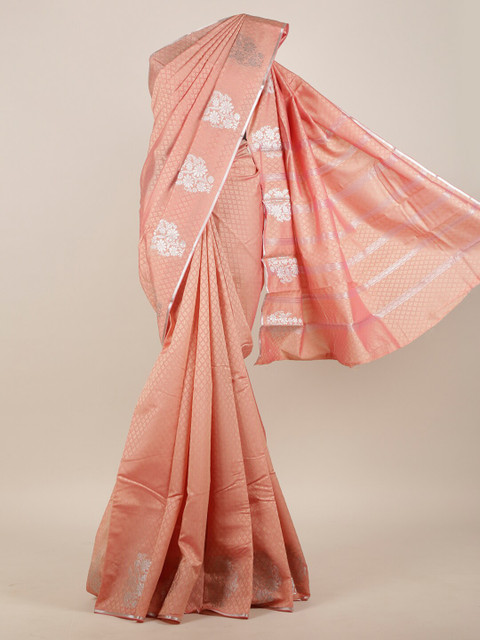 

Pothys Peach & Silver-Toned Floral Art Silk Saree