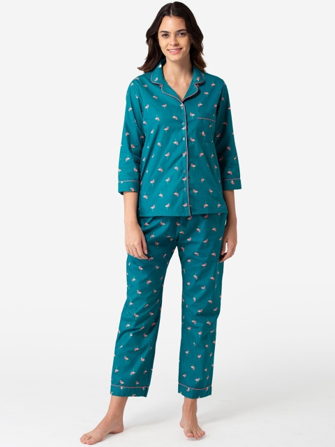

Bellofox Women Green & Orange Flamingo Printed Cotton Night Suit