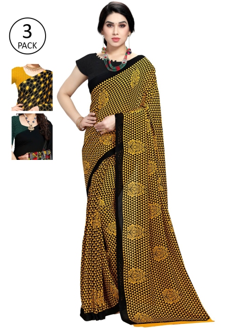 

KALINI Pack of 3 Poly Georgette Saree, Black