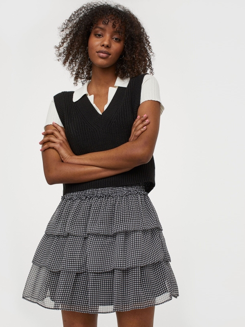 

H&M Women Black & White Checked Tiered Skirt