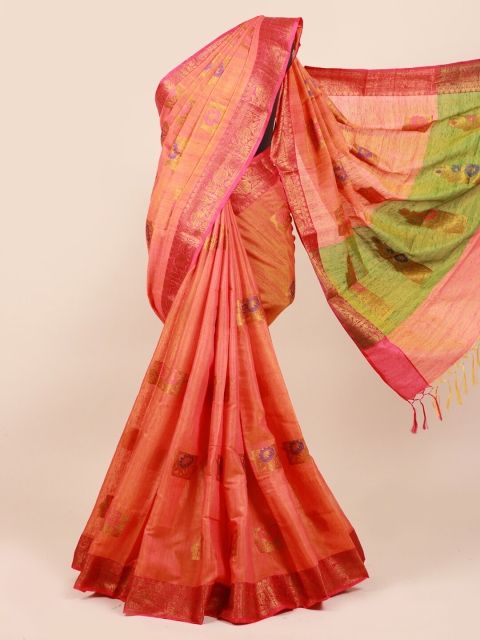 

Pothys Orange & Green Ethnic Motifs Zari Saree