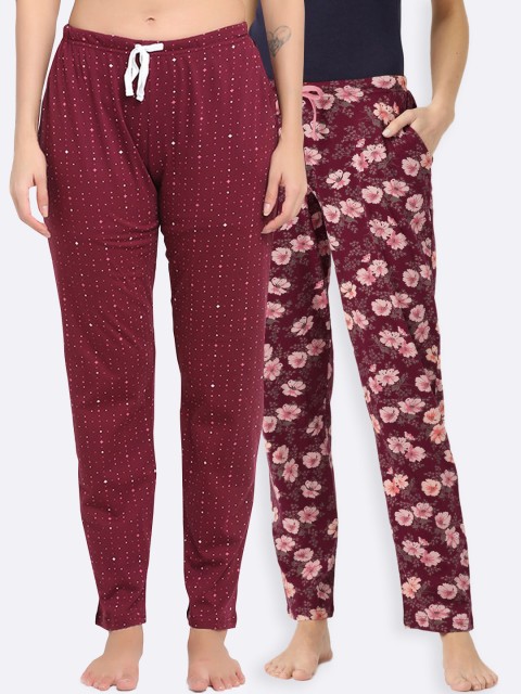 

Kanvin Women Pack Of 2 Printed Pure Cotton Lounge Pants, Maroon