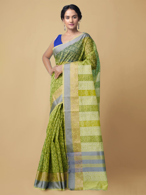 

Unnati Silks Women Green & Cream-Coloured Pure Summer Supernet Sustainable Saree