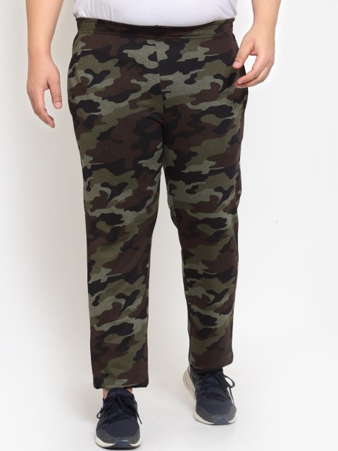

plusS Men Olive Green & Brown Camouflage Cotton Straight-Fit Track Pants