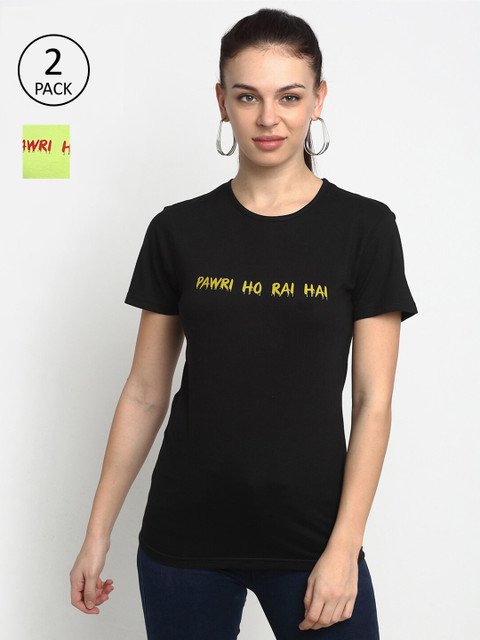 

VIMAL JONNEY Women Pack of 2 Typography Printed T-shirts, Fluorescent green