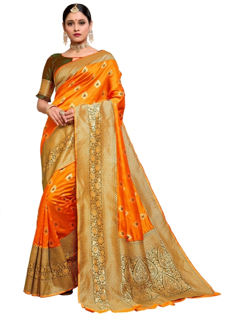 

SARIYA Orange & Gold-Coloured Ethnic Motifs Zari Silk Blend Banarasi Saree
