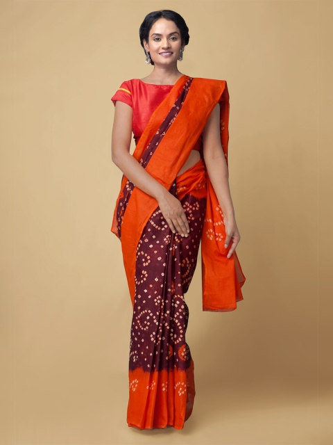 

Unnati Silks Maroon & Orange Bandhani Pure Cotton Handloom Bandhani Saree