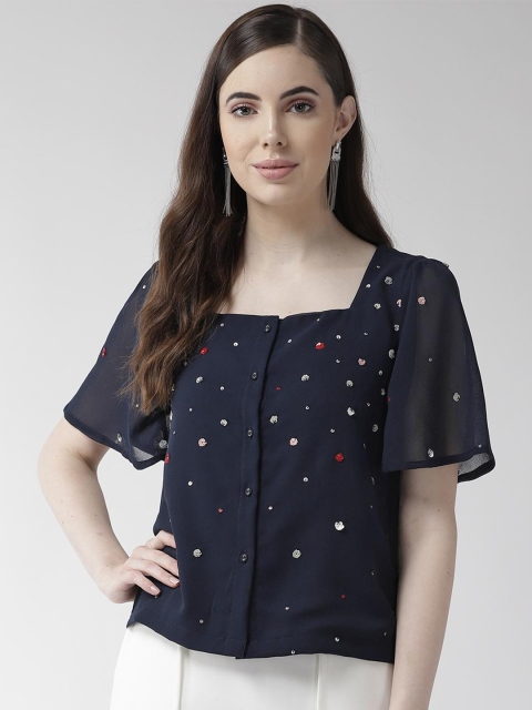 

SCOUP Women Navy Blue & Red Floral Flared Sleeve Georgette Regular Top