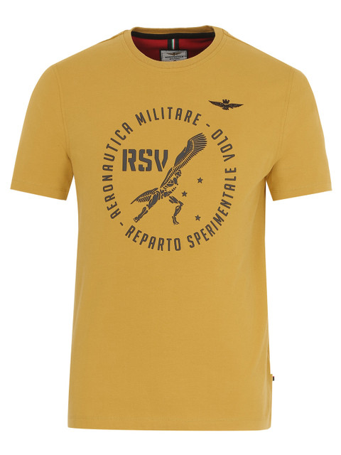 

Aeronautica Militare Men Mustard Yellow & Black Typography Printed Cotton T-shirt