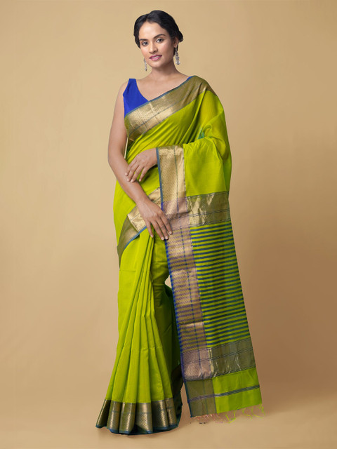 

Unnati Silks Lime Green & Blue Zari Silk Cotton Handloom Maheshwari Saree