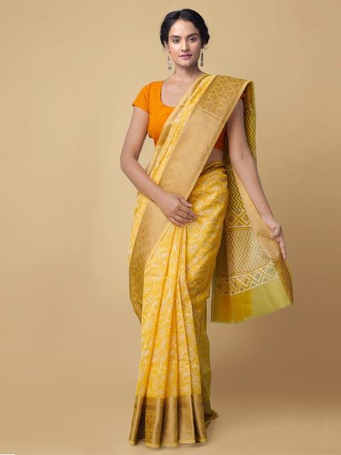

Unnati Silks Yellow & Olive Green Floral Zari Net Handloom Saree