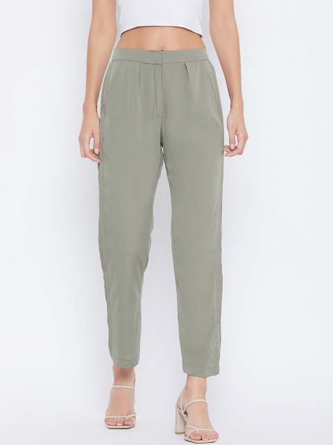 

SECRETS BY ZEROKAATA Women Olive Green Pleated Cropped Peg Trousers