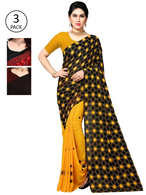 

KALINI Pack of 3 Poly Georgette Sarees, Yellow