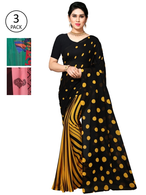 

KALINI Pack Of 3 Printed Sarees, Black