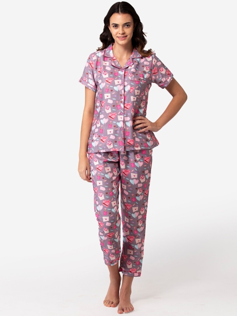 

Bellofox Women Grey & Pink Printed Cotton Night Suit
