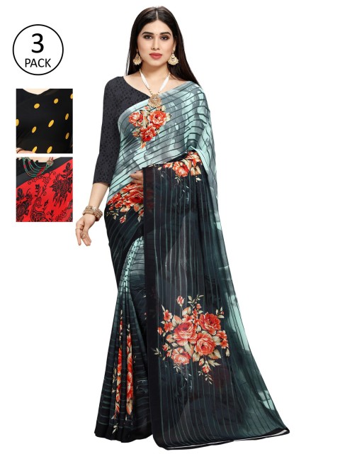 

KALINI Pack of 3 Poly Georgette Saree, Black