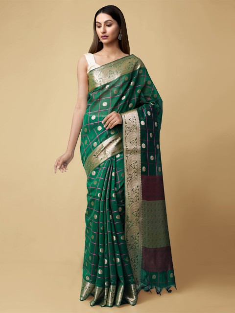 

Unnati Silks Green & Gold-Toned Ethnic Motifs Zari Silk Cotton Handloom Saree