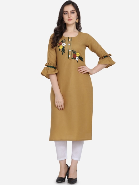 

Kvsfab Women Khaki Ethnic Motifs Embroidered Bell Sleeves Thread Work Kurta