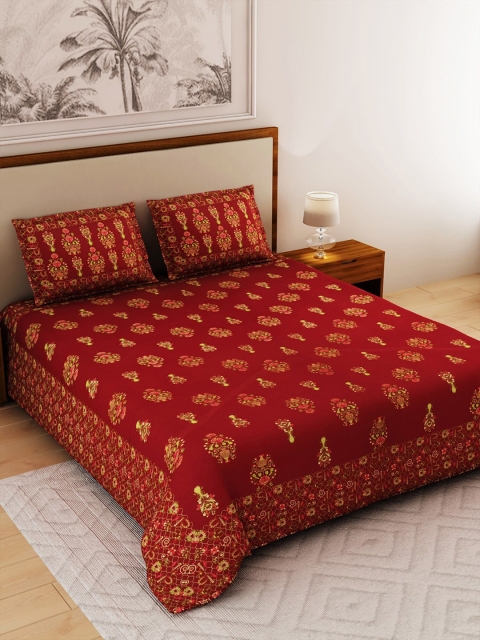 

Salona Bichona Red & Yellow Floral 120 TC King Bedsheet with 2 Pillow Covers