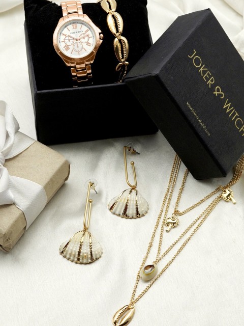 

JOKER & WITCH Women White & Rose Gold-Toned Happy Girl Love Stack Watch Gift Set-JWLS233