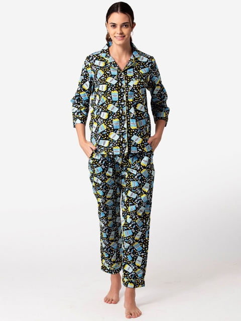 

Bellofox Women Black & Turquoise Blue Printed Cotton Night Suit