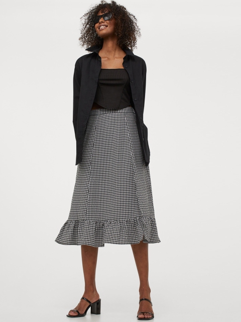 H&M Women Black & White Checked Calf-length Skirt