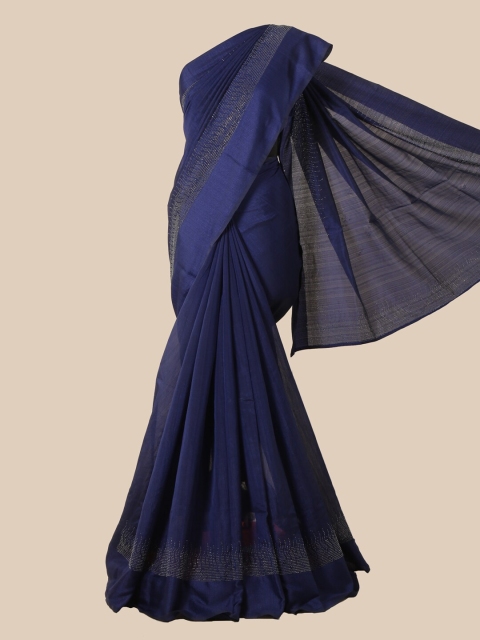 

Pothys Navy Blue & Silver-Toned Embellished Jute Silk Saree