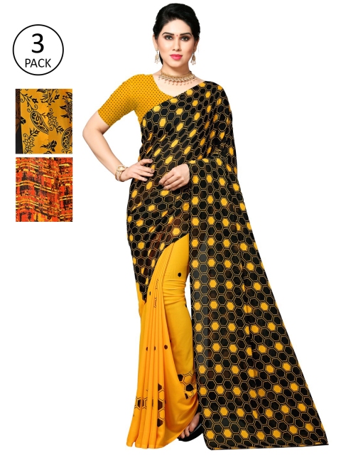 

KALINI Women Pack of 3 Printed Sarees, Yellow
