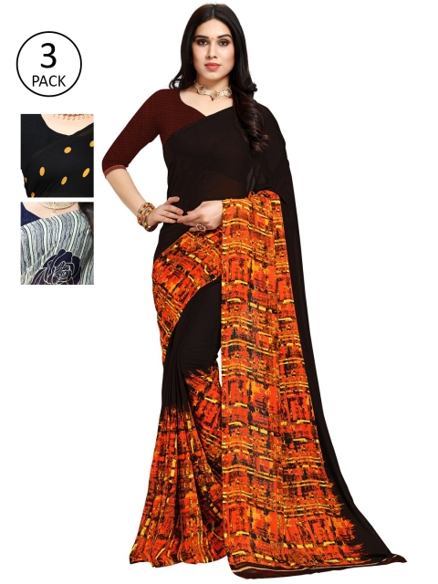 

KALINI Pack Of 3 Printed Sarees, Black
