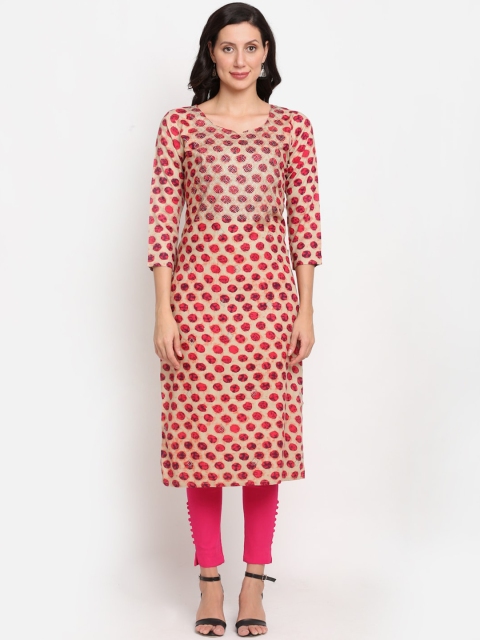 

Lovely Lady Women Magenta & Beige Printed & Stone Work Yoke Design Straight Kurta
