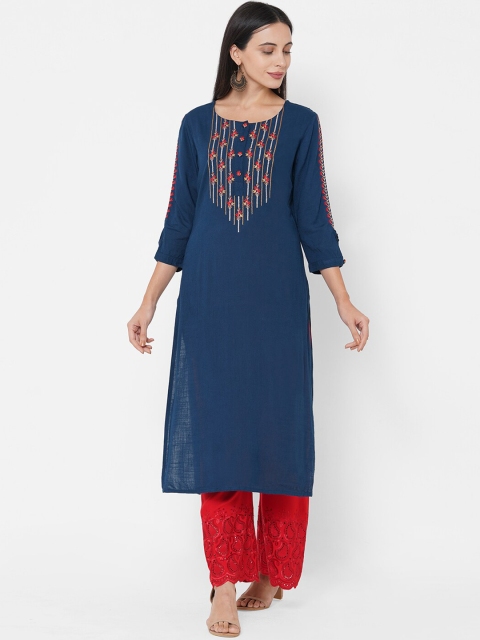 

FASHOR Women Teal Thread Work Kurta