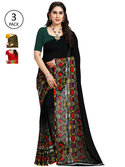 

KALINI Pack of 3 Poly Georgette Printed Sarees, Mustard